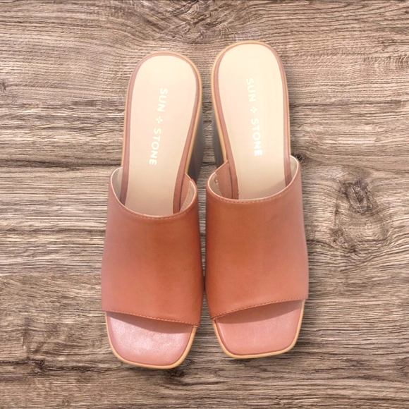 Sun + Stone Ladies "Marlenee" Cognac Smooth Faux Leather Slip-On Heels - Picture 1 of 11
